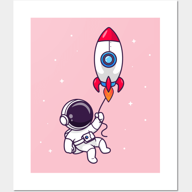 Cute Astronaut Flying With Rocket In Space Cartoon Wall Art by Catalyst Labs